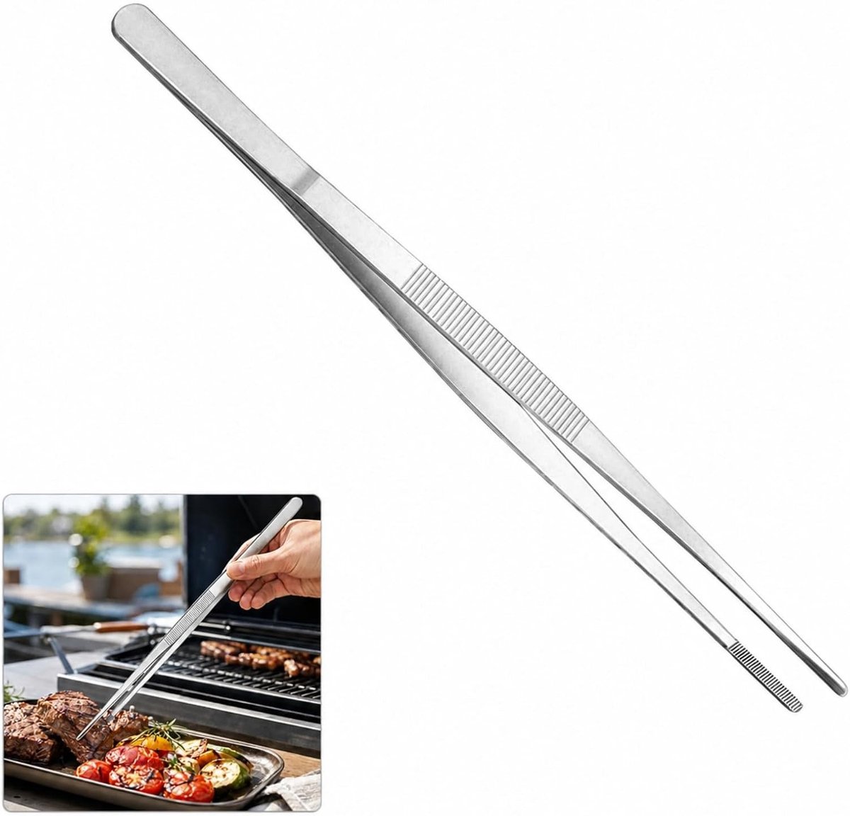 Kookpincet van roestvrij staal 30 cm voor grillen en BBQ, lange tang voor salade, vlees en vis, ideaal keukenaccessoire