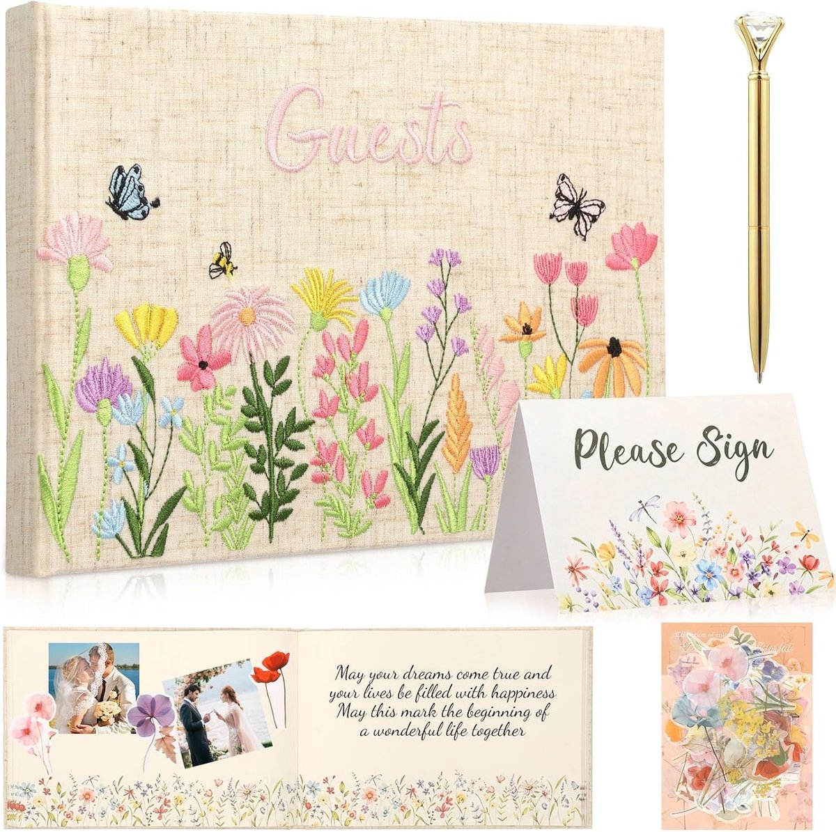 Gastenboek voor bruiloft met wilde bloemen, borduurwerk en fotoalbum met stickers voor onvergetelijke herinneringen