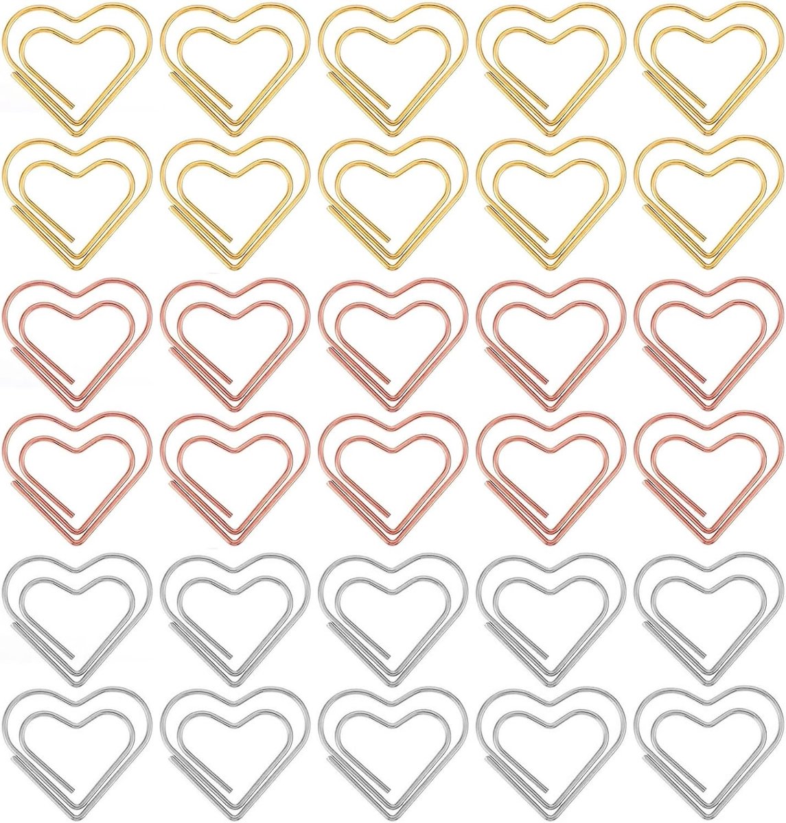 Set van 30 Hartvormige Paperclips in Zilver, Roségoud en Goud - Desk Clips voor Kantoor en School, Metalen Klemmen voor Organisatie