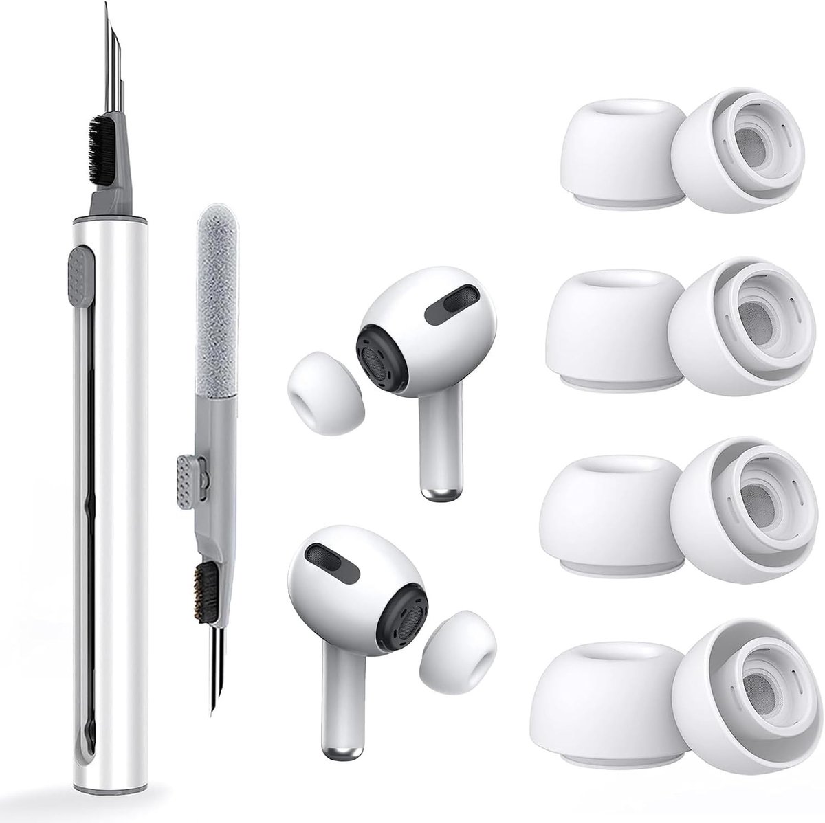 Vervangende Oorkussens voor AirPods Pro 2, Silicone Oordopjes, Inclusief Reinigingsborstel en 4 Paar Oordopjes in 4 Maten (S/M/L/XL) voor Optimaal Comfort en Geluidskwaliteit