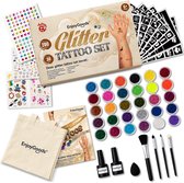 EnjoyGoods® Glitter Tattoo Set – 30 Kleuren & 200 Sjablonen – Inclusief Opbergtas – Compleet Glitter Tattoo Pakket met Lijm & Penselen – Glitter Schmink voor Gezicht & Lichaam – Festival & Kinderfeestje
