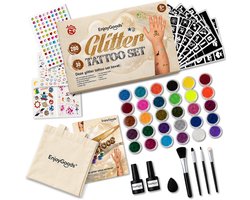 EnjoyGoods® Glitter Tattoo Set – 30 Kleuren & 200 Sjablonen – Inclusief Opbergtas – Compleet Glitter Tattoo Pakket met Lijm & Penselen – Glitter Schmink voor Gezicht & Lichaam – Festival & Kinderfeestje