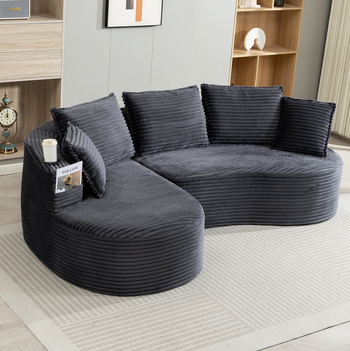 DESMIU Hoekbank 250 X 152 X 82 Cm - Met Bekerhouders En Opbergtas - Voor Woonkamer, Slaapkamer En Kantoor - Corduroy - Donkergrijs