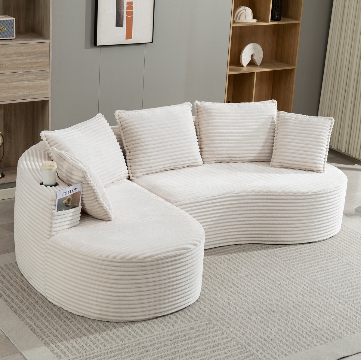 DESMIU Bank - 3-Zits Gebogen Bank - Met Bekerhouders, Opbergtas En Kussens - Voor Woonkamer, Slaapkamer En Kantoor - Cordstof Beige