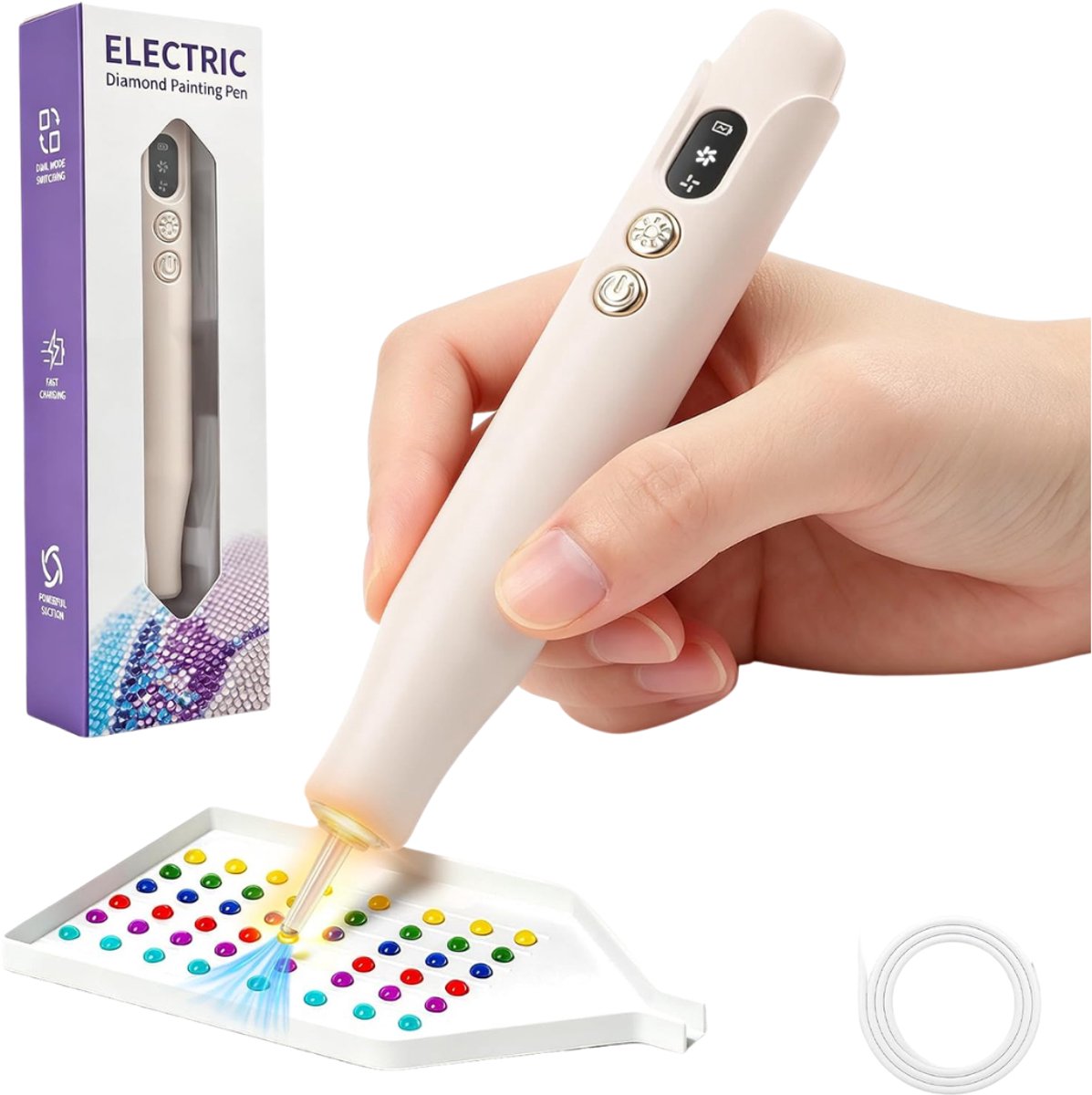 Verte Elektrische Diamond Painting Pen - Met Verlichting - 2 Zuigstanden - Wit - Draadloos Oplaadbaar - Accessoires Voor Diamantschilderen: Pen Voor Diamantschilderen