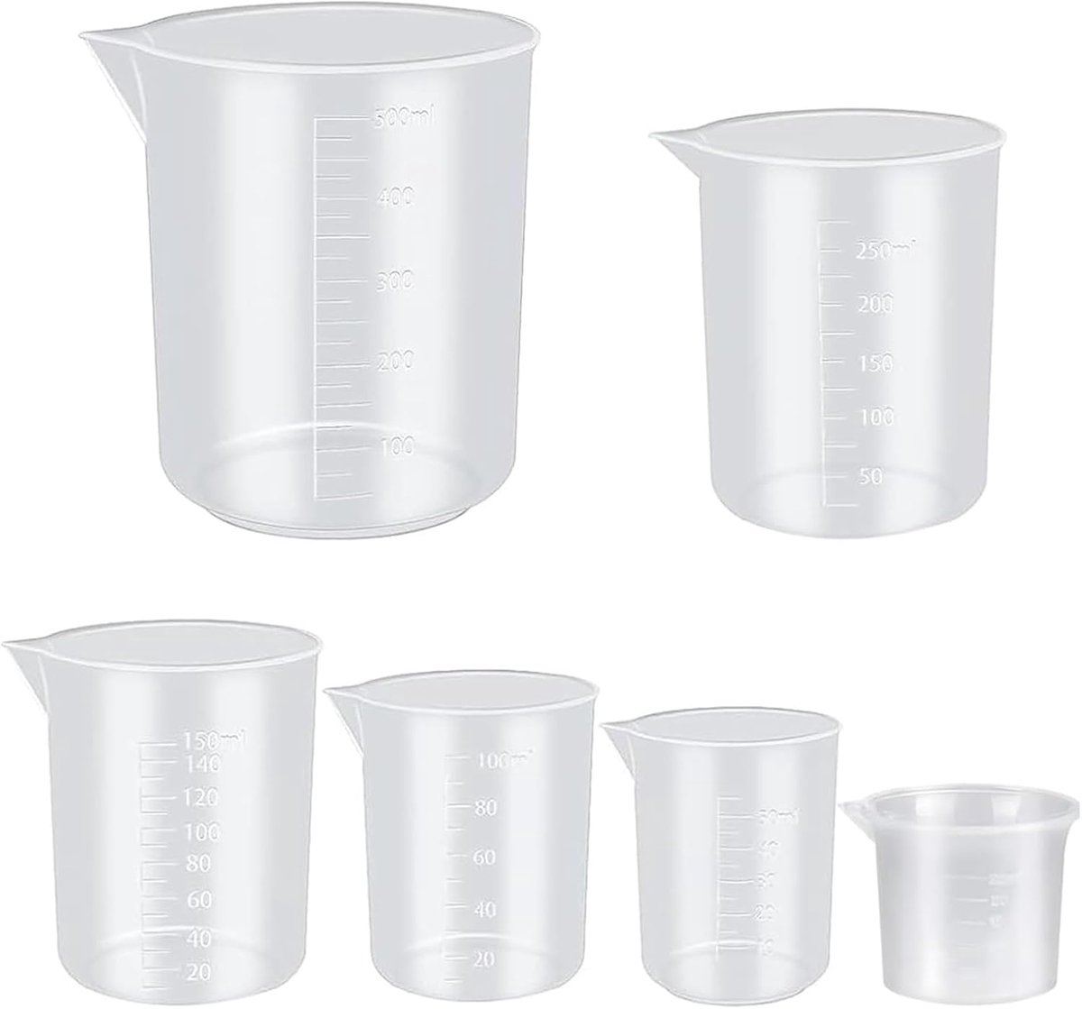 Maatbekerset 6 stuks 30-500 ml - kunststof - hittebestendig - precisie voor keuken en laboratorium - ShopVlot