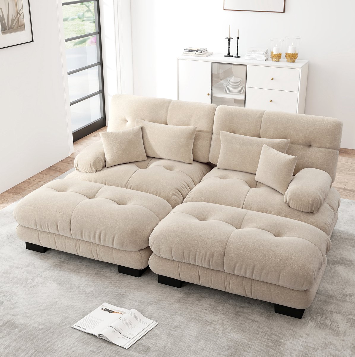 MODENUIT Hoekbank 220 x 145 x 81 cm - Modulair L-vormig met 2 Poefs - Woonkamer - Chenille - Lichtbruin