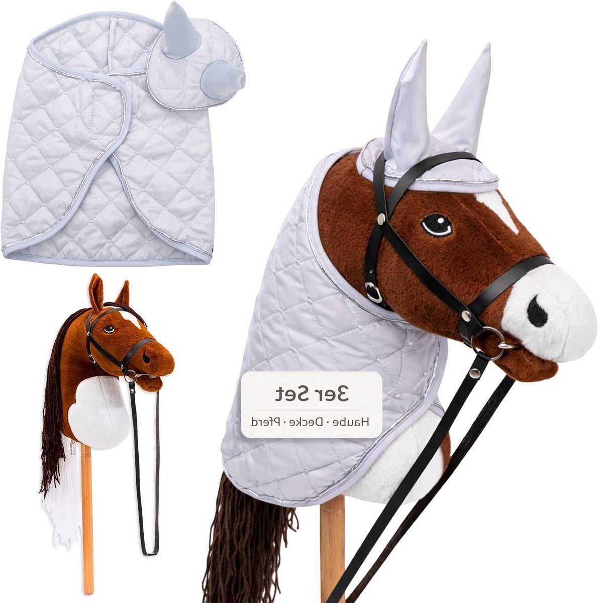 Stokpaard Set - Hobby Paard - Rollenspel - Compleet Accessoires - 35 cm Stok - Bruin Grijs