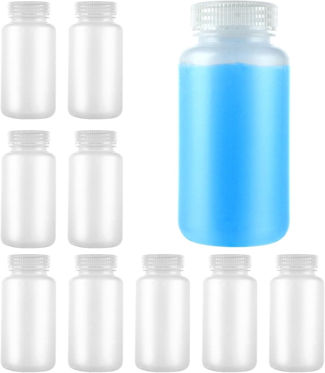 10 Stuks 250ml Brede Nek Fles, Plastic Laboratorium Testbuis Fles, HDPE Laboratoriumflessen met Deksel voor Wetenschappelijk Gebruik