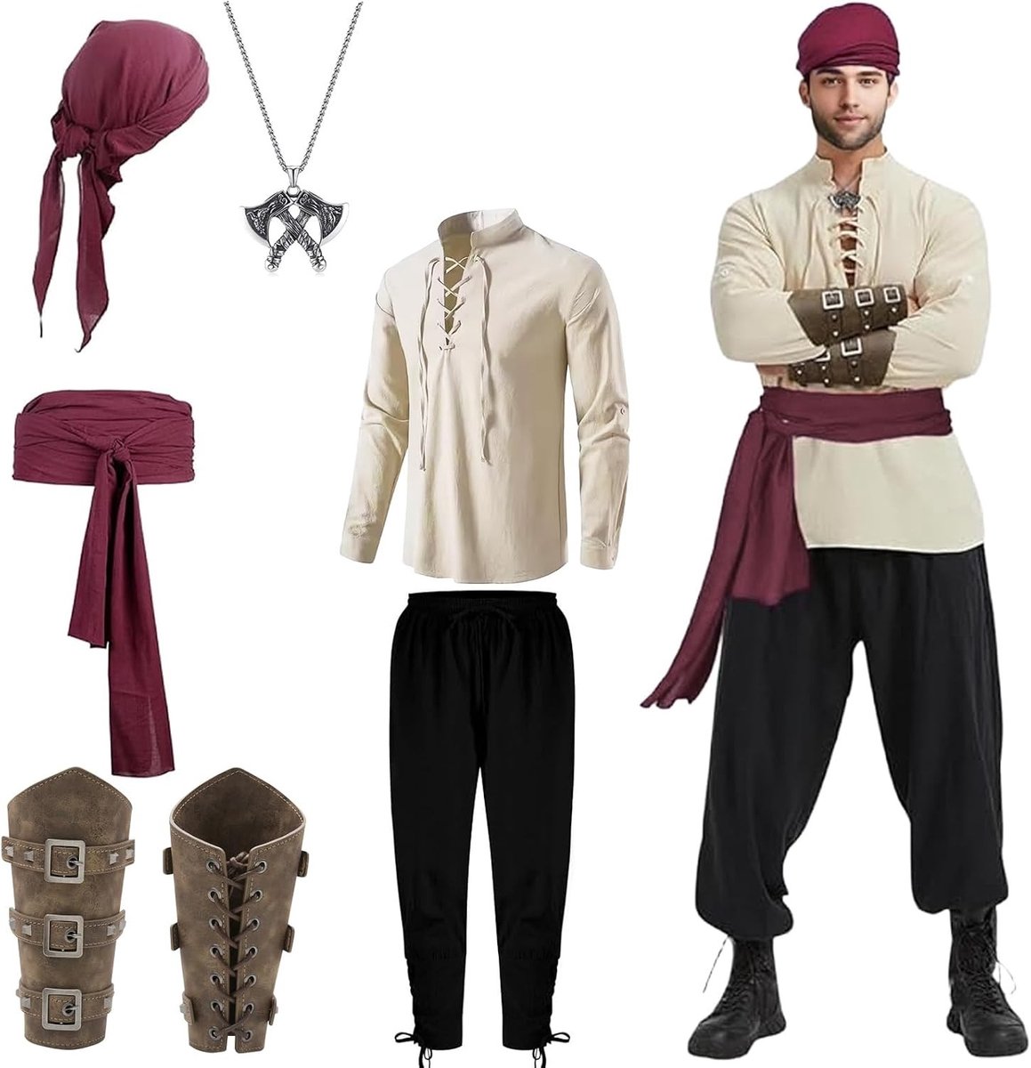 Piratenkostuum Set van 8 Stukken, Middeleeuwse Kleding voor Mannen, Perfect voor Carnaval en Halloween Feesten