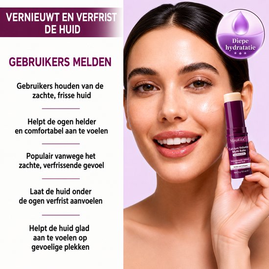 Een vrouw die een paarse balsemstick bij haar oog aanbrengt. De tekst "VERNIEUWT EN VERFRIST DE HUID" staat aan de linkerkant.