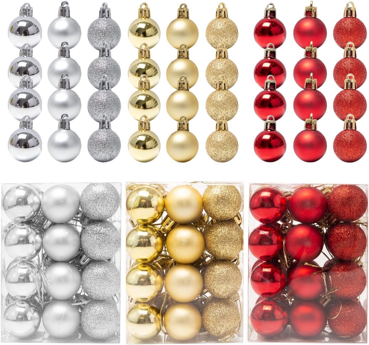 Kerstballen Set van 72 Stuks voor Boomdecoratie - 3 cm Gouden, Rode en Zilveren Versieringen voor Feestdagen