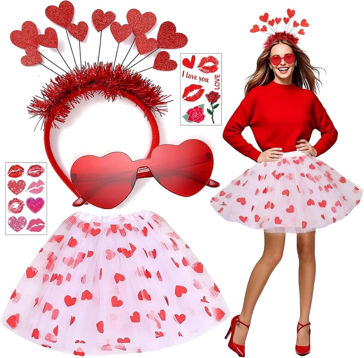 Carnaval Kostuum voor Vrouwen met Glanzende Hart Hoofdband, Rode Hart Zonnebril en Witte Tutu Rok voor Valentijnsdag en Feestjes