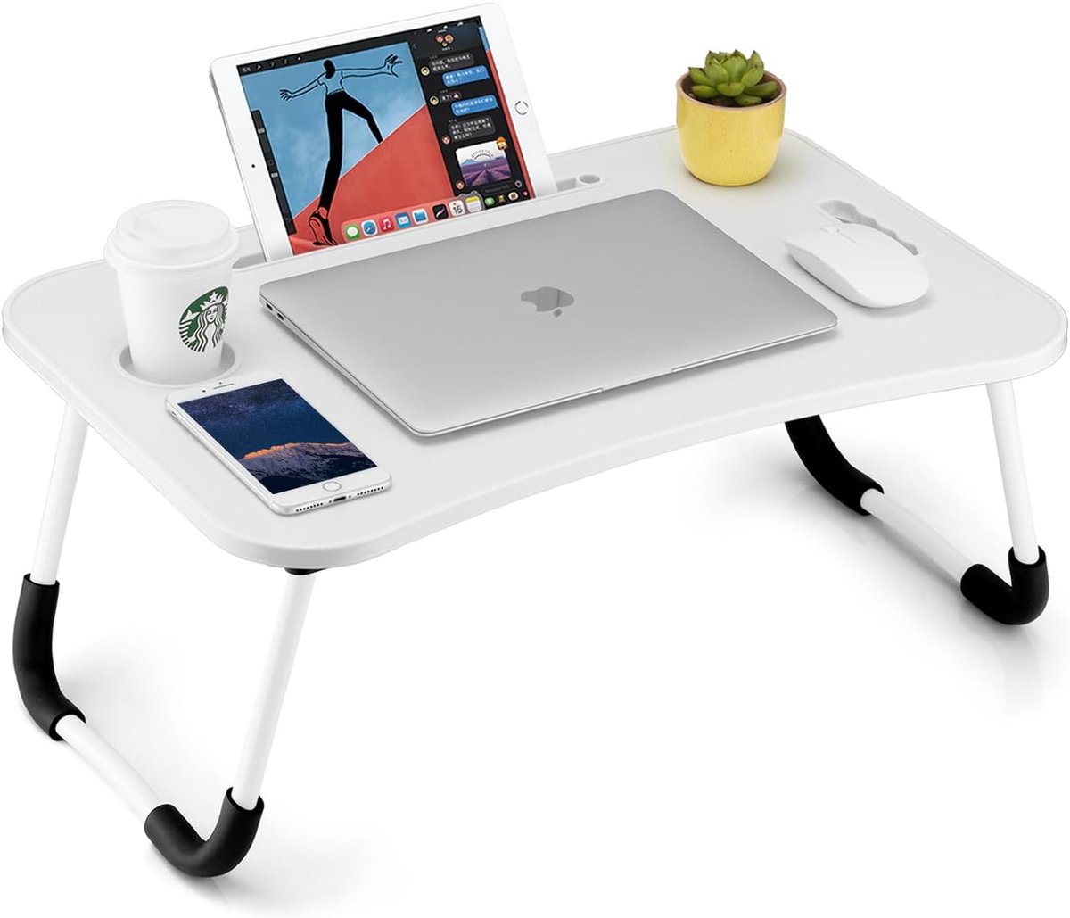 SnelShoppen - Vouwbare Laptop Tafel - Draagbare Lapdesk Bed Tafel met Kopjeshouder en Tablet Sleuf - Ideaal voor Werken, Schrijven, Tekenen en Eten (W