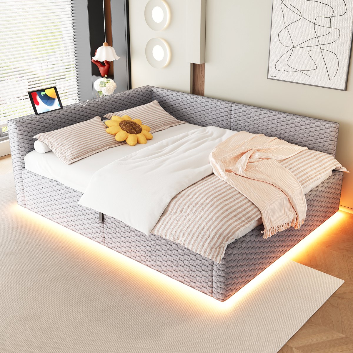 Wishdor Tweepersoonsbed 140x200 cm - Met led-verlichting en usb/type-c - Hydraulische opbergruimte - Zachte L-vormige rugleuning - Velours - Grijs - 213x147,5 cm