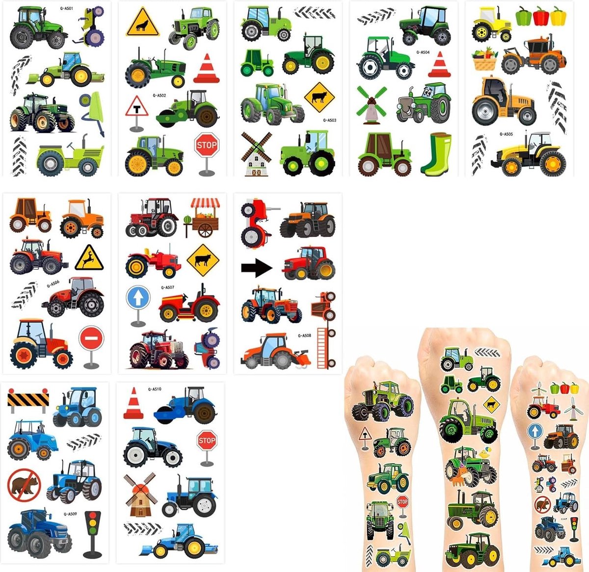 Leuke Tractor Tatoeages voor Kinderen - 10 Vel Boerderij Tatoeages - Veilig en Duurzaam voor Feestjes en Creatieve Activiteiten