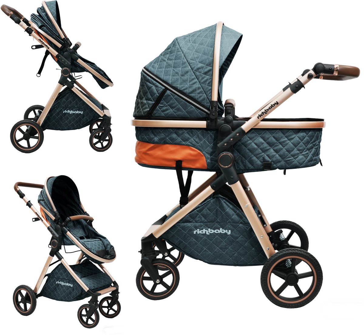 Wishdor Kinderwagen 2-in-1 met reiswieg - Opvouwbaar en omkeerbaar - Verstelbare duwbeugel en voetensteun - All-terrain met schokabsorptie - Antiekblauw 80 cm