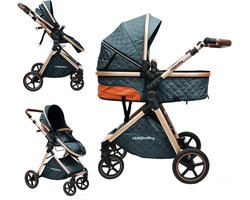Wishdor Kinderwagen 2-in-1 met reiswieg - Opvouwbaar en omkeerbaar - Verstelbare duwbeugel en voetensteun - All-terrain met schokabsorptie - Antiekblauw 80 cm