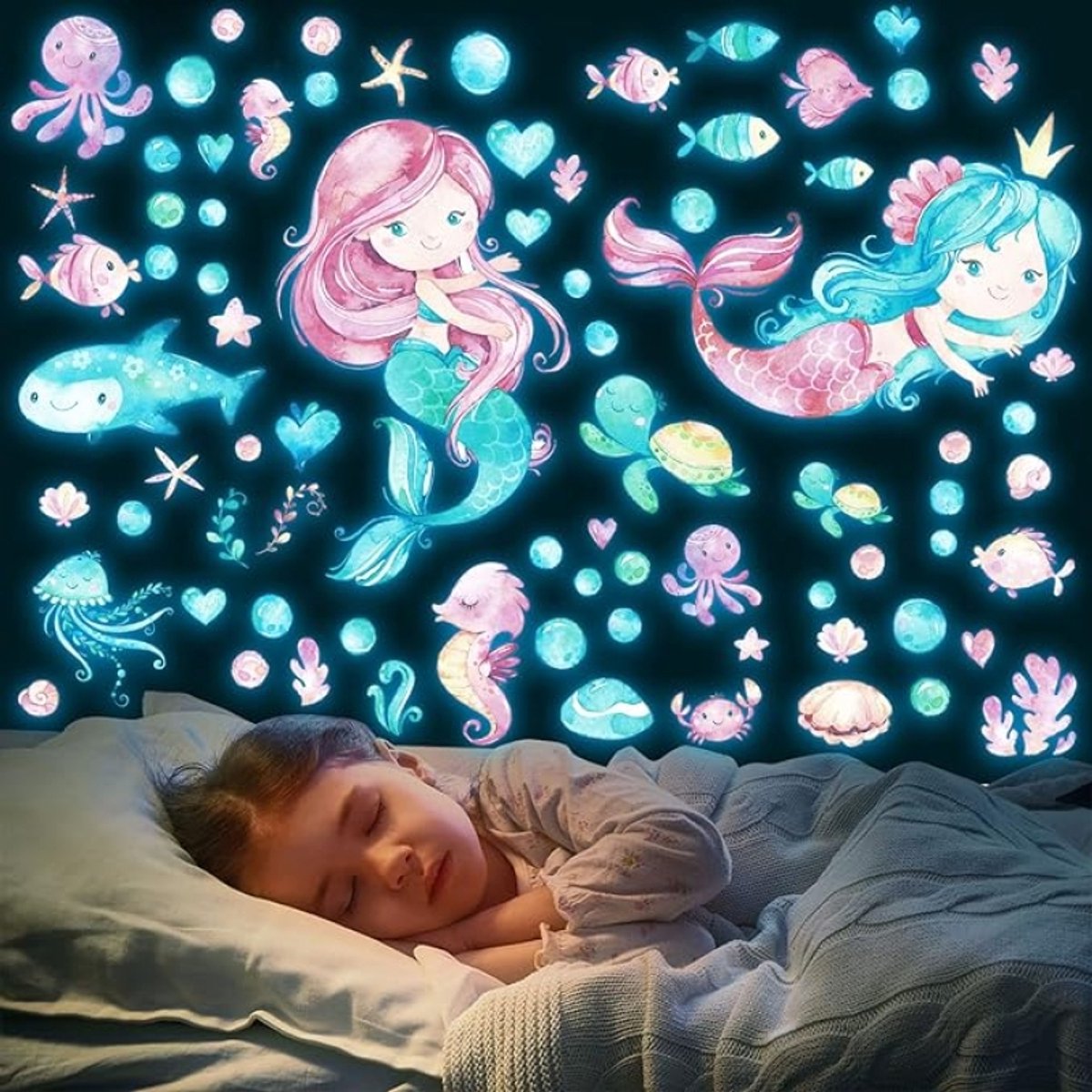 Zeemeermin Muursticker Kinderkamer Oplichtende Lichtgevende Sticker Meisjeskamer Onderwaterwereld Set van 3