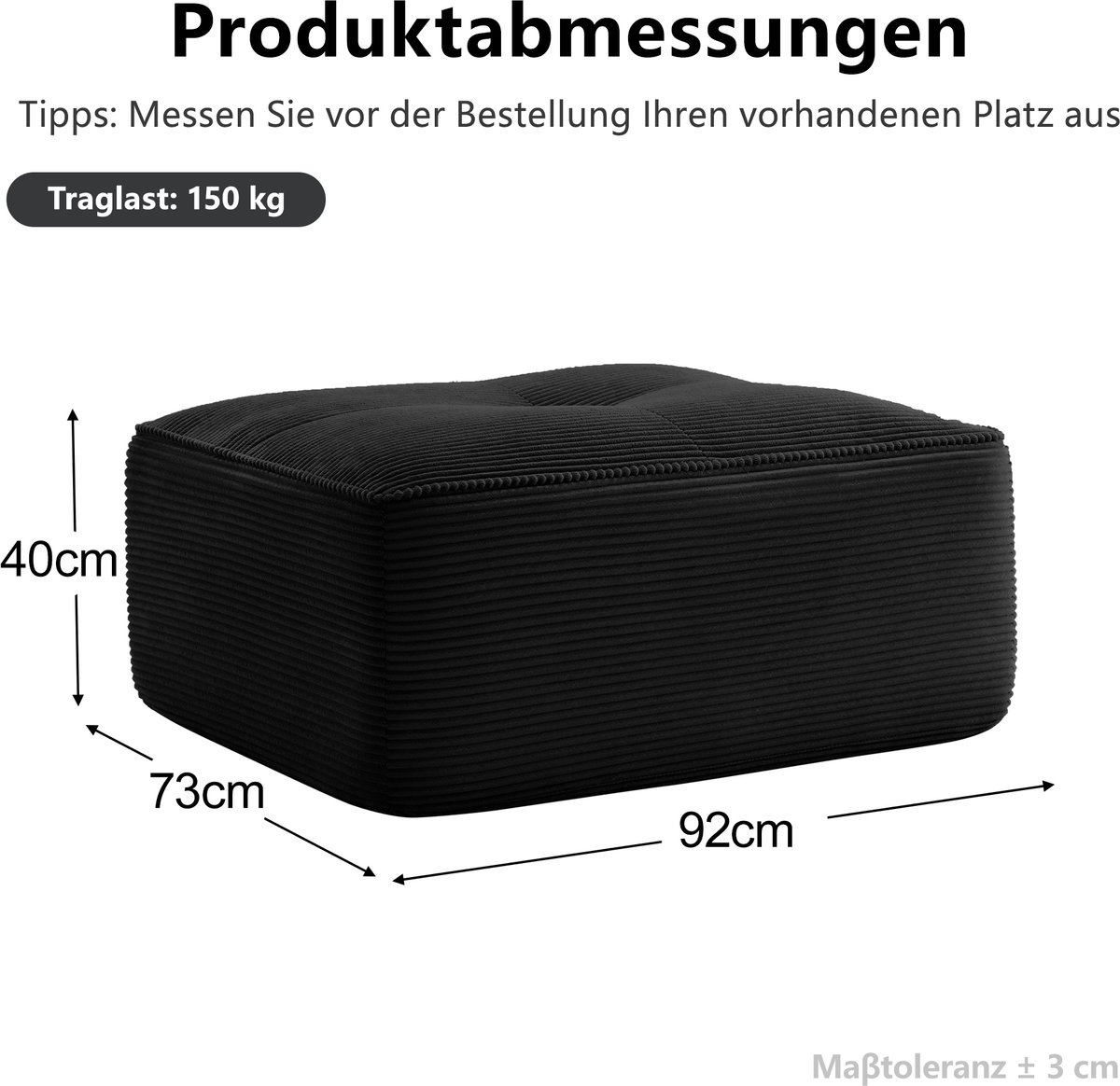 Wishdor Ottoman - Zwart - Corduroy - Gevuld met 32D schuim - Modulair en zonder montage - Voor binnen - Vierkant - Zacht en stabiel - 92 x 73 x 40 cm