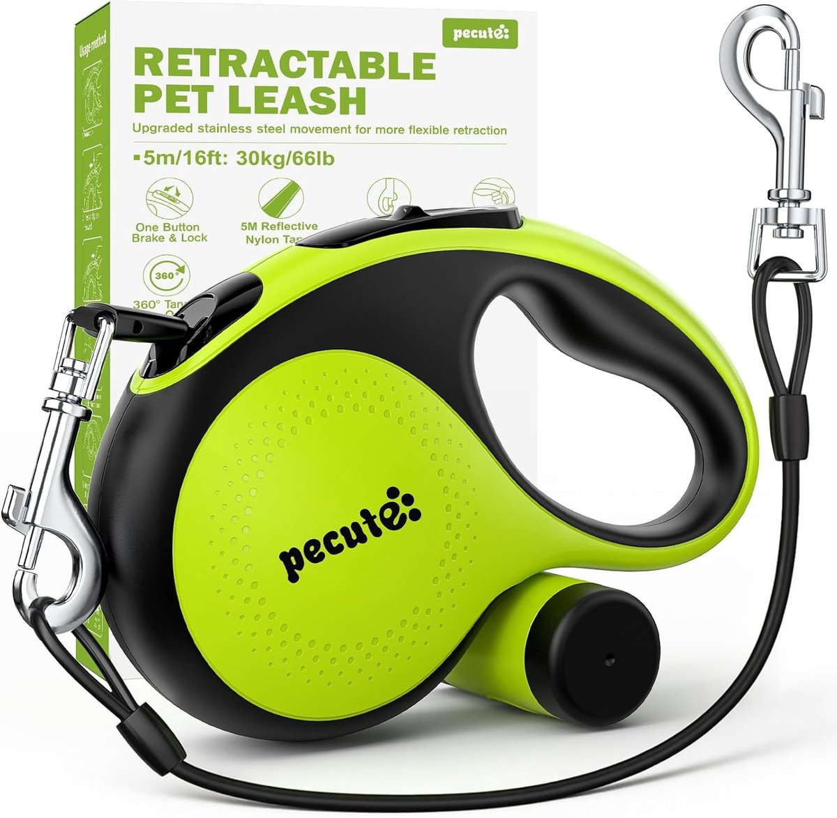 Retractable Hondenriem 5 m met Slijtvast Koord, Eenvoudige Eénknopsbediening, Tangle-Free en Reflecterende Strepen voor Kleine Honden