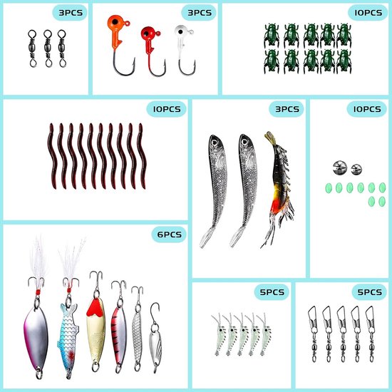 Vis aas set - Kunstaas assortiment - Vissen op roofvis - 101 stuks veelzijdig - 21 cm doos - Diverse kleuren — afbeelding 4