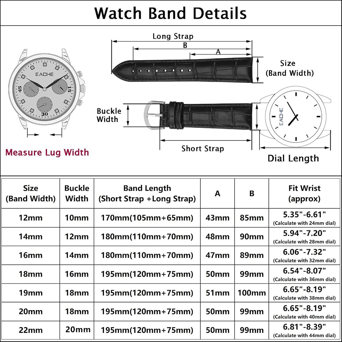 EACHE Croco Design Leather Watch Bands, Classic Leather Watch Bands For Women & Mens Waterproof 12mm 14mm 16mm 18mm - ShopVlot