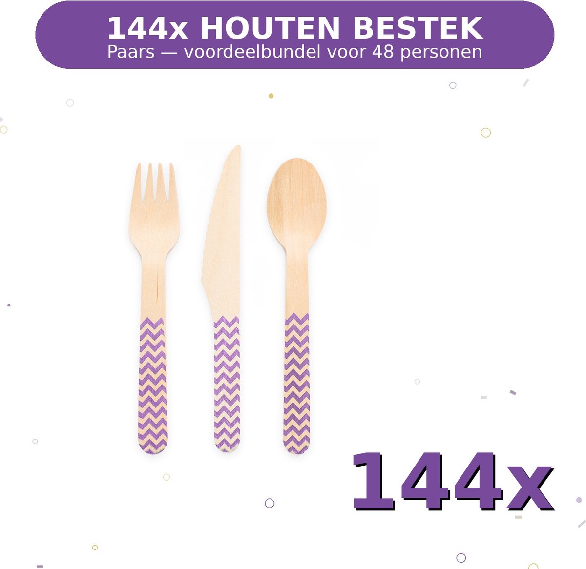 Houten bestek FSC Paars - Voordeelverpakking 144 Stuks voor tot 48 Personen - Feestartikelen