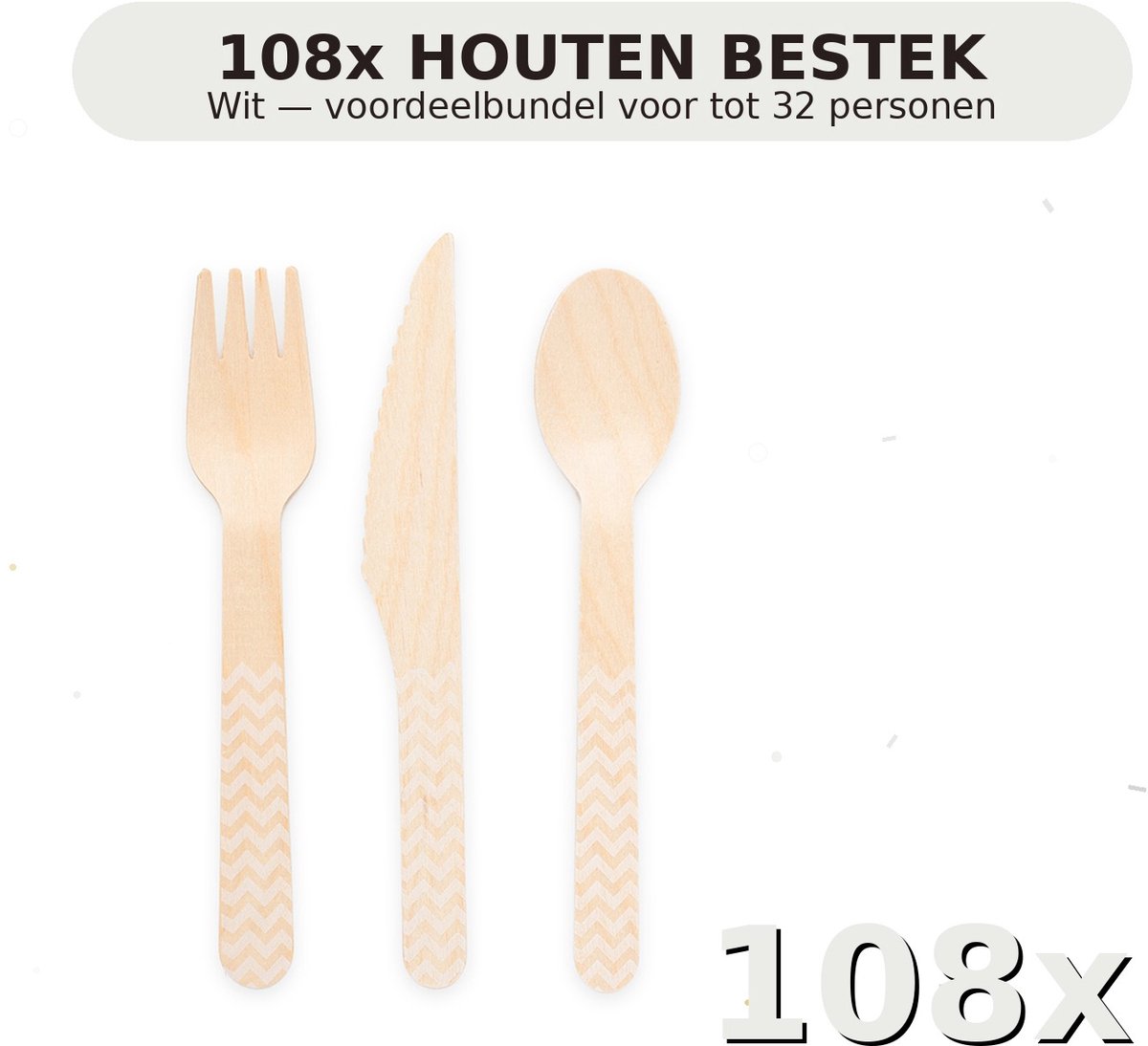 Houten bestek FSC Wit - Voordeelverpakking 108 Stuks voor tot 32 Personen - Feestartikelen