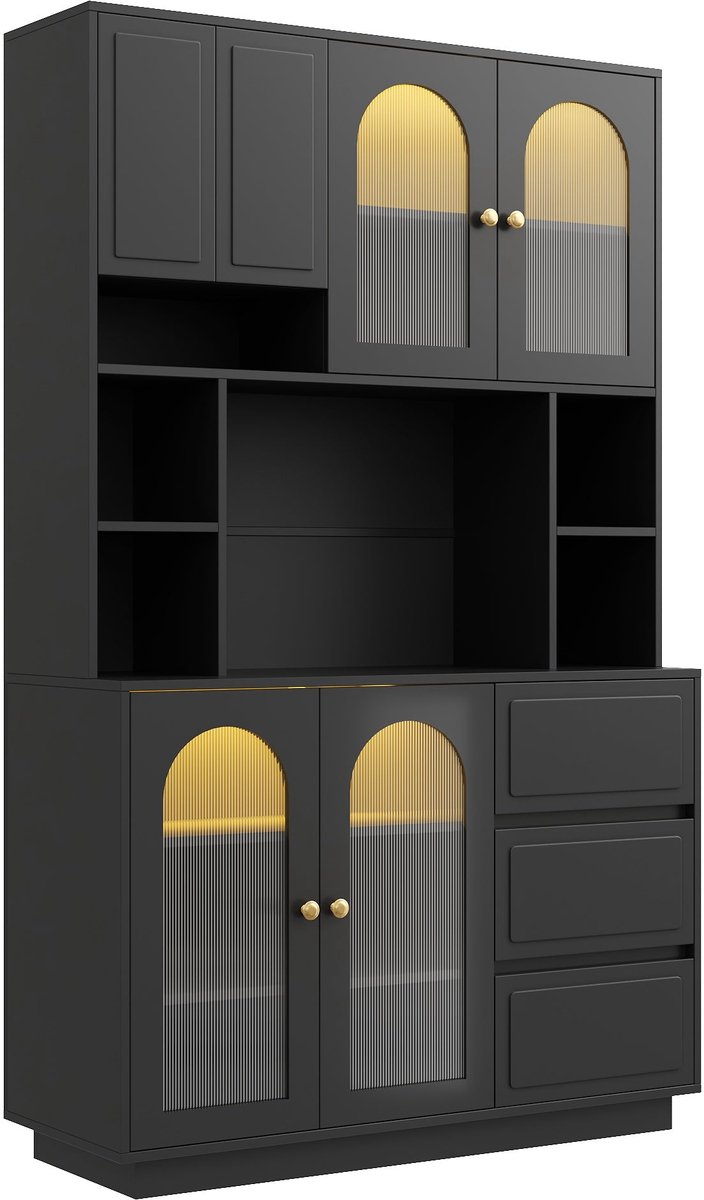 Merax Hoge Buffetkast met Acryl Deuren - 106 x 30 x 175 cm - Zwart - Ledverlichting - 3 Lades - Open Vakken - Verstelbare Legplanken