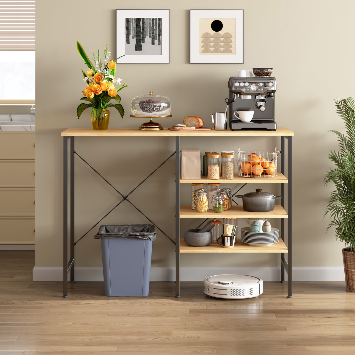 Wishdor Multifunctionele sidetable - Organisatietafel met open vakken - Metalen frame en houtlook - Industrieel - Zwart en naturel - 120 x 40 x 85,5 cm