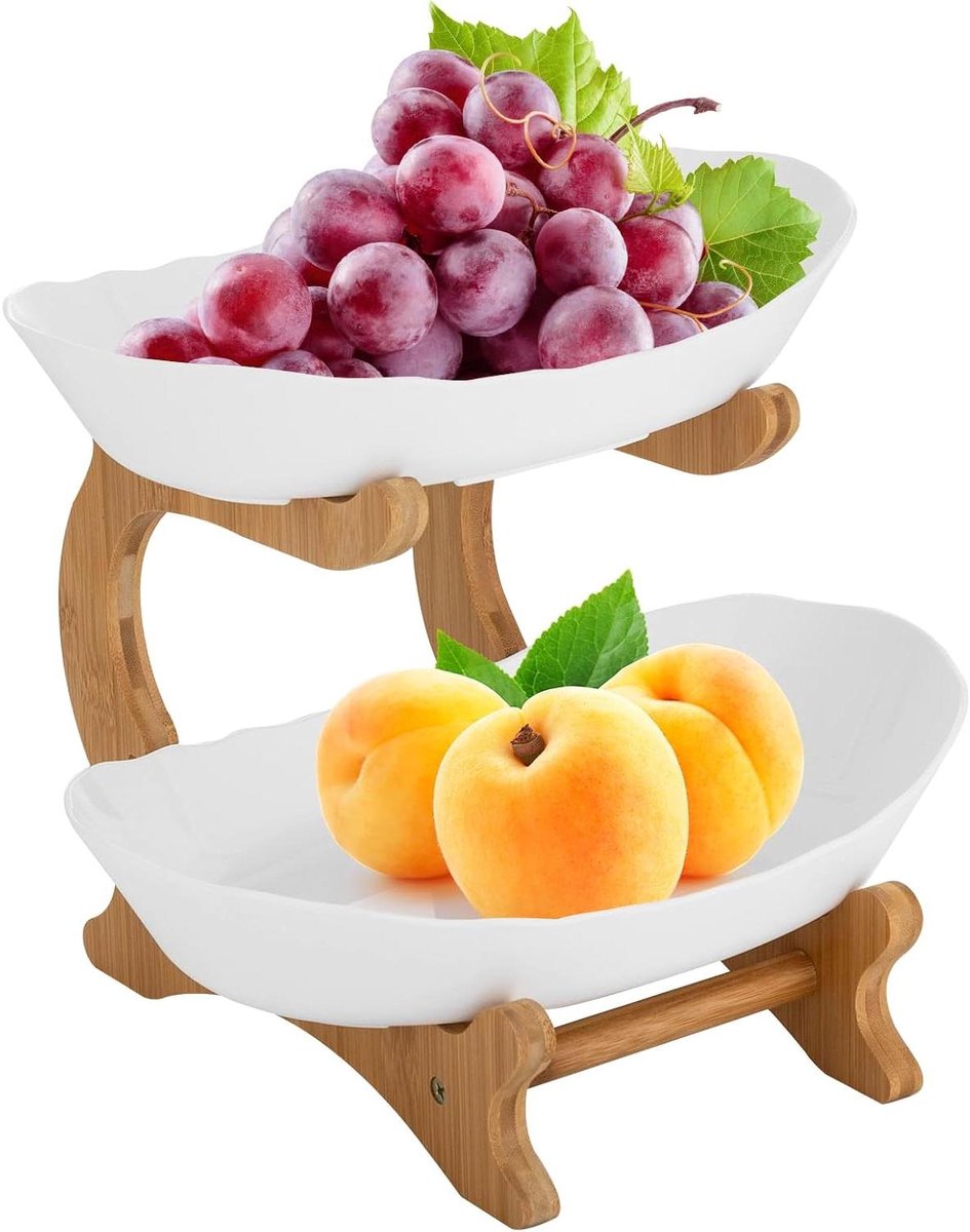 Fruitetagère 2 etages - Fruitmand presentatie - Fruit serveren - Duurzaam PP bamboe - 21.5cm hoog - Wit