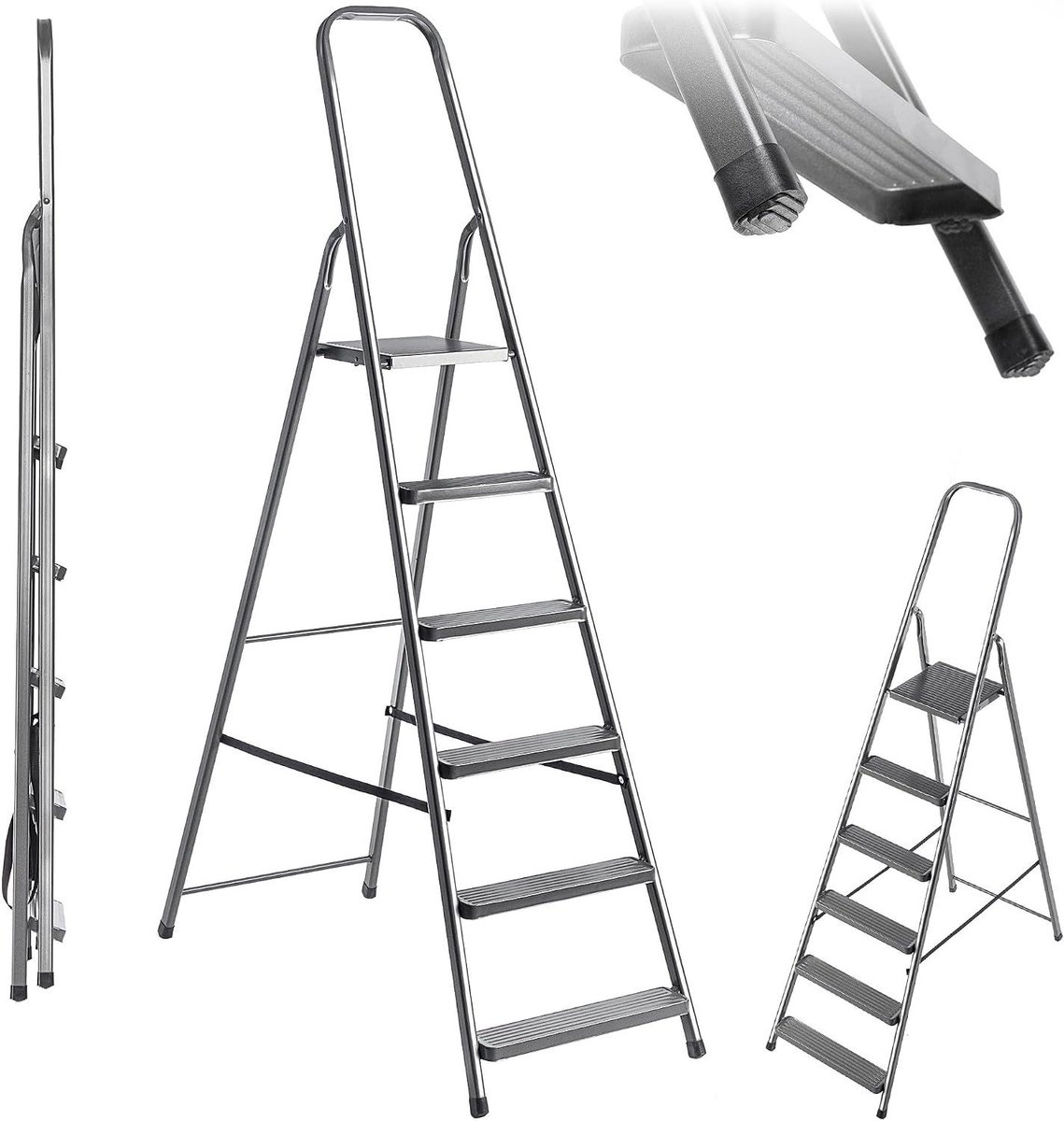 Stalen Vouwladder - Huishoudtrap Keukenladder - Klusjes en Onderhoud - 6 Antislip Treden - 125 kg Draaglast - Grijs