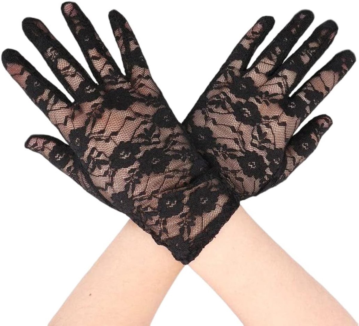 Elegante Korte Kanten Handschoenen voor Dames, Vintage Opera Handschoenen voor Avond, Bruiloft en Cosplay, Zwart