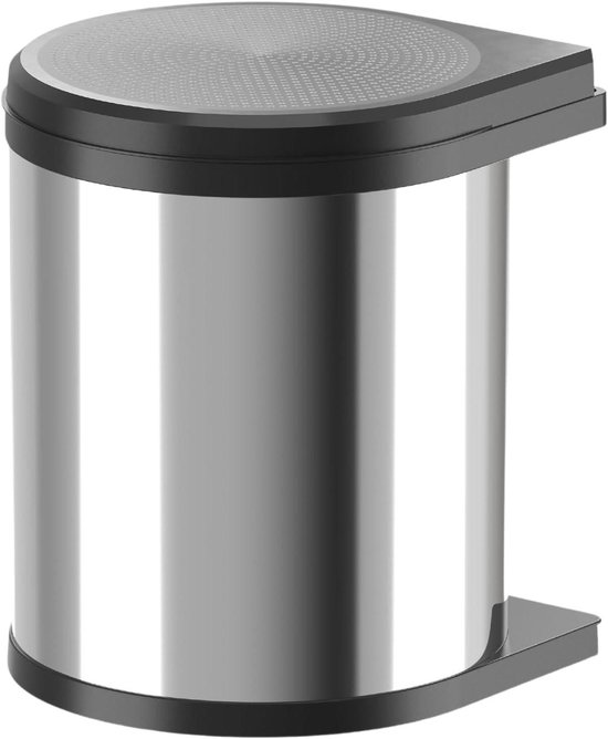 Zilverkleurige prullenbak met een zwart, rond, draaiend deksel met een gestippeld patroon.