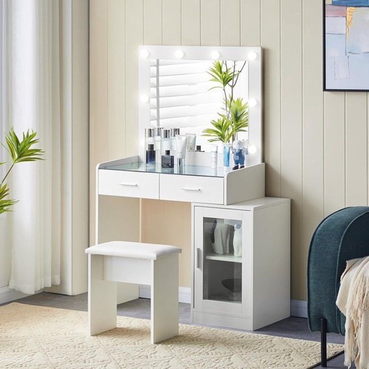 Kaptafel met Spiegel en Verstelbare LED Verlichting en Zachte Kruk