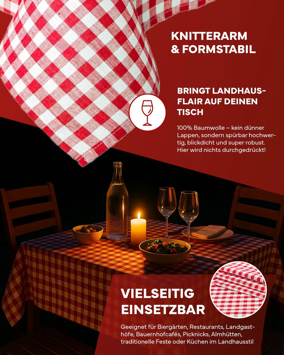 texpot Landhaus geruite tafelkleden, kleur en afmetingen naar keuze, 100% katoen (110 x 250 cm, rood-wit geruit) - ShopVlot