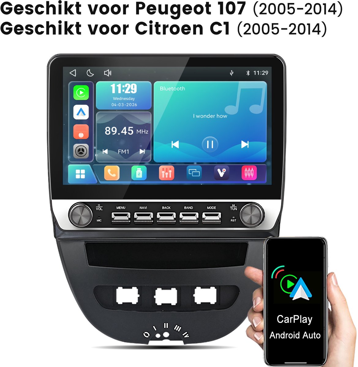 Junsun lINUX Systeem Autoradio Geschikt voor Peugeot 107 Citroen C1 Toyota Aygo - Draadloos Carplay & Andriod Auto - 10 Inch HD TouchScreen - Bluetooth - Navigatie - WiFi - FM - RDS- Stuurwielbediening