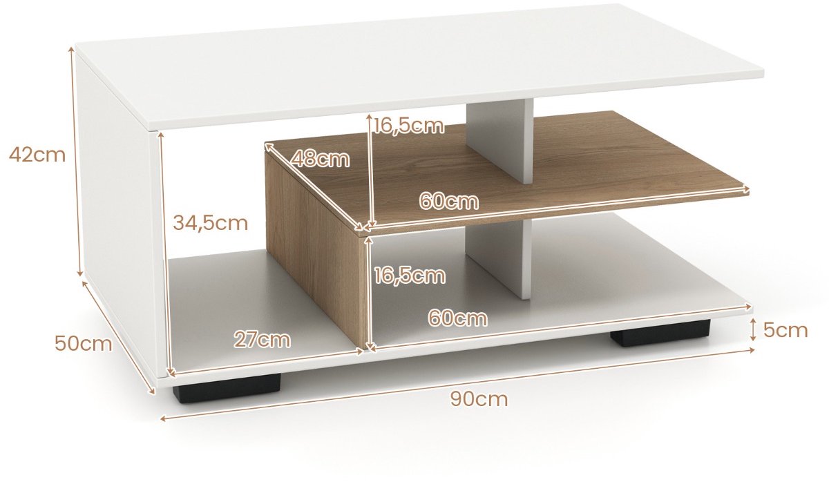 SureDeal® - Salontafel - Opbergruimte Rechthoekige Centrale - Centrale Plank Multifunctionele - Niveaus - 90x50x42 cm - Wit