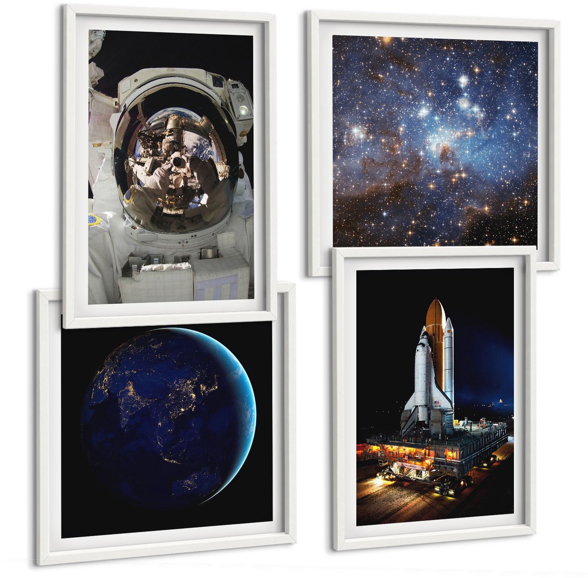 Wallfluent 4-Delige Schilderij Set - Ruimtebeelden Met De Aarde, Astronaut En Raket - 40 x 40 En 40 x 60 - Decoratieve Schilderijen - Wanddecoratie - Hal