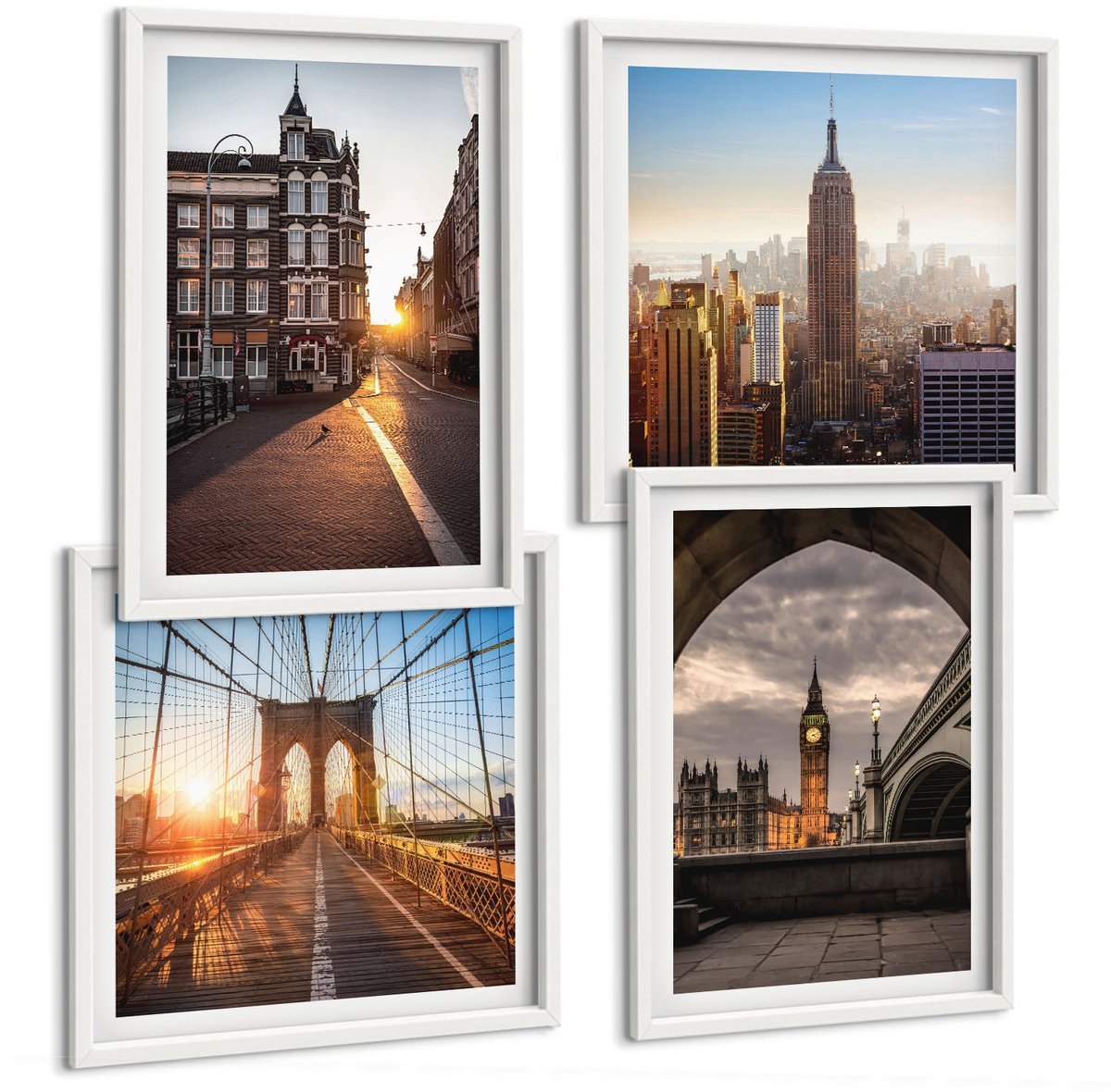 Wallfluent 4-Delige Schilderij Set - Een Serie Foto'S Met Stadseten En Een Uitzicht Op Londen. - 40 x 40 En 40 x 60 - Wanddecoratie - Moderne Interieurdecoratie