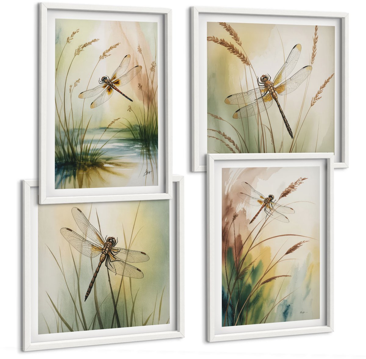 Wallfluent 4-Delige Schilderij Set - Libellen Tussen Het Gras Bij Het Water In Een Schilderachtige Stijl. - 40 x 40 En 40 x 60 - Decoratieve Schilderijen - Woonkamer - Interieur - Interieur Decoratie