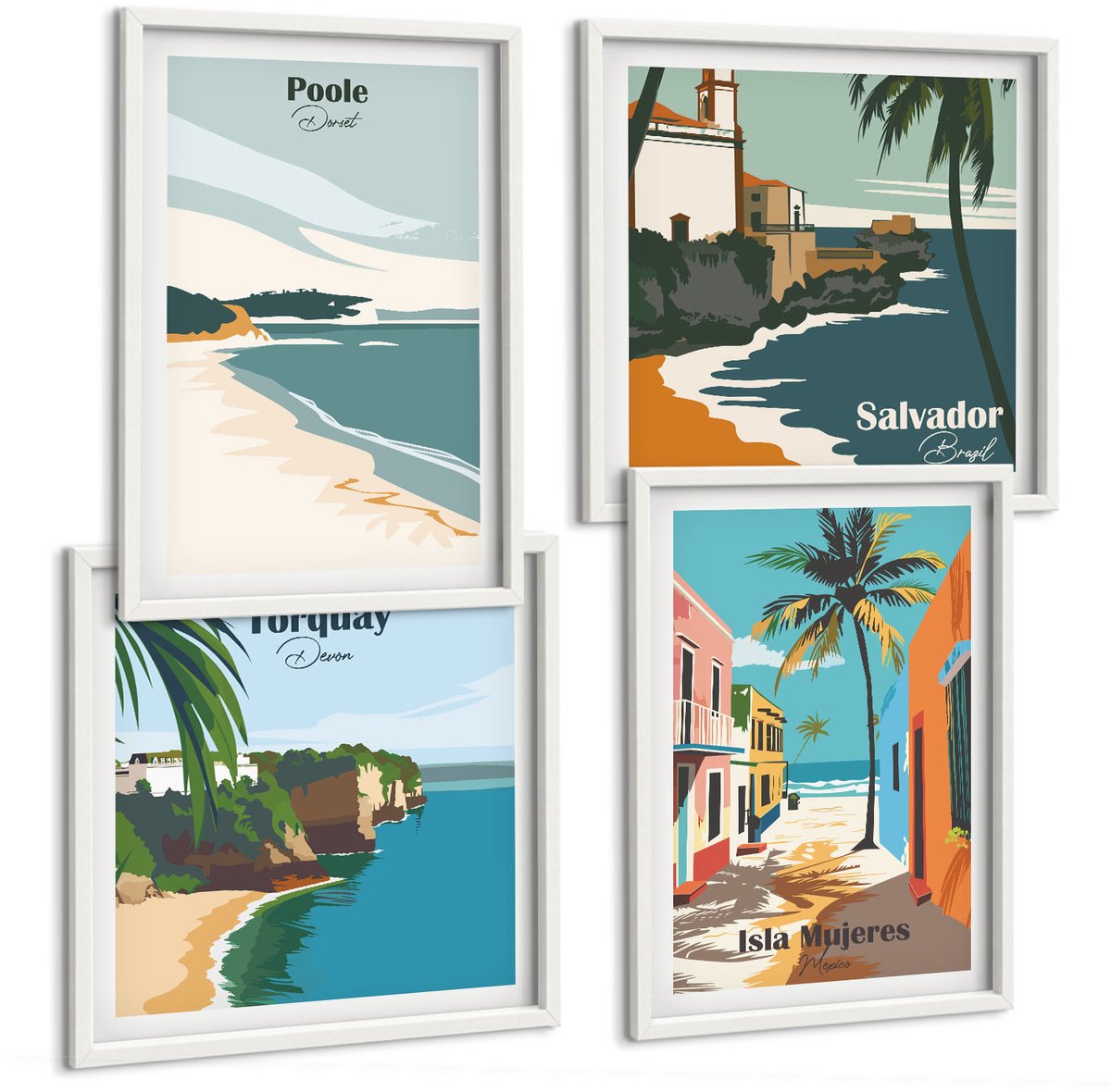 Wallfluent 4-Delige Schilderij Set - Tropische Landschappen Met Stranden En Palmbomen - 40 x 40 En 40 x 60 - Decoratieve Schilderijen - Wanddecoratie - Hal - Muurdecoratie