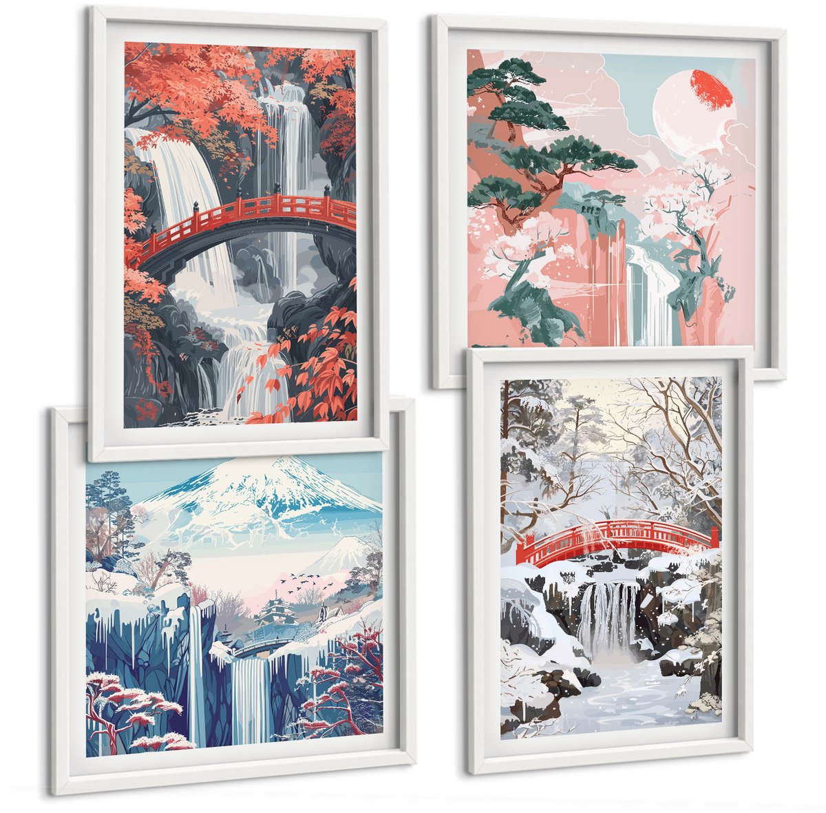 Wallfluent 4-Delige Schilderij Set - Berglandschappen En Watervallen In Verschillende Seizoenen - 40 x 40 En 40 x 60 - Muurdecoratie - Wanddecoratie - Slaapkamer