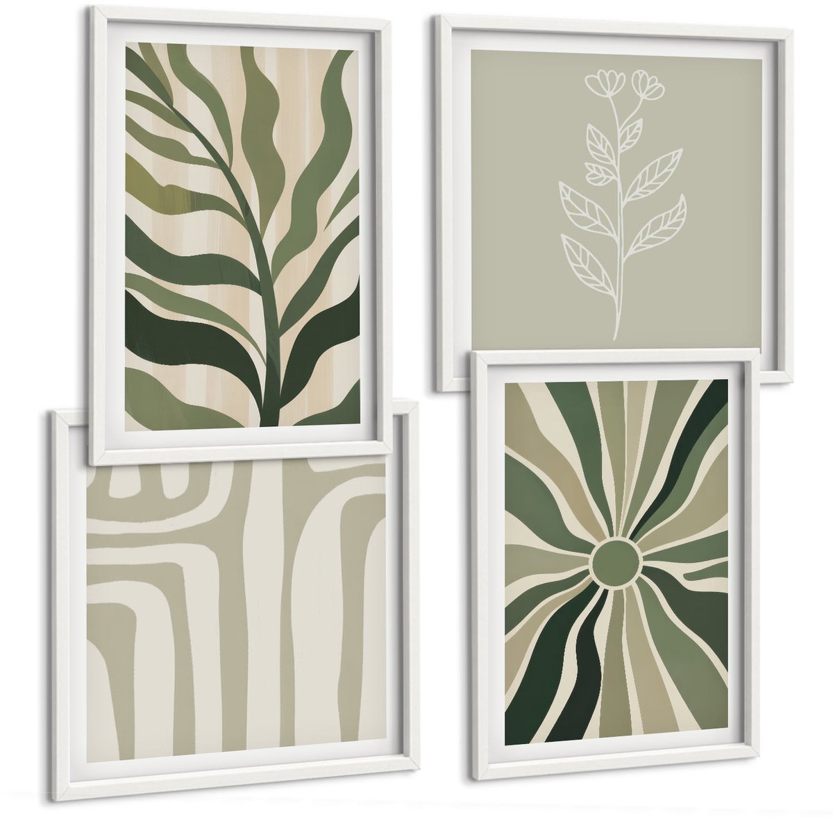 Wallfluent 4-Delige Schilderij Set - Plantenpatronen In Minimalistische Groene Tinten - 40 x 40 En 40 x 60 - Stijlvolle Muurdecoratie - Kantoor - Decoratieve Schilderijen