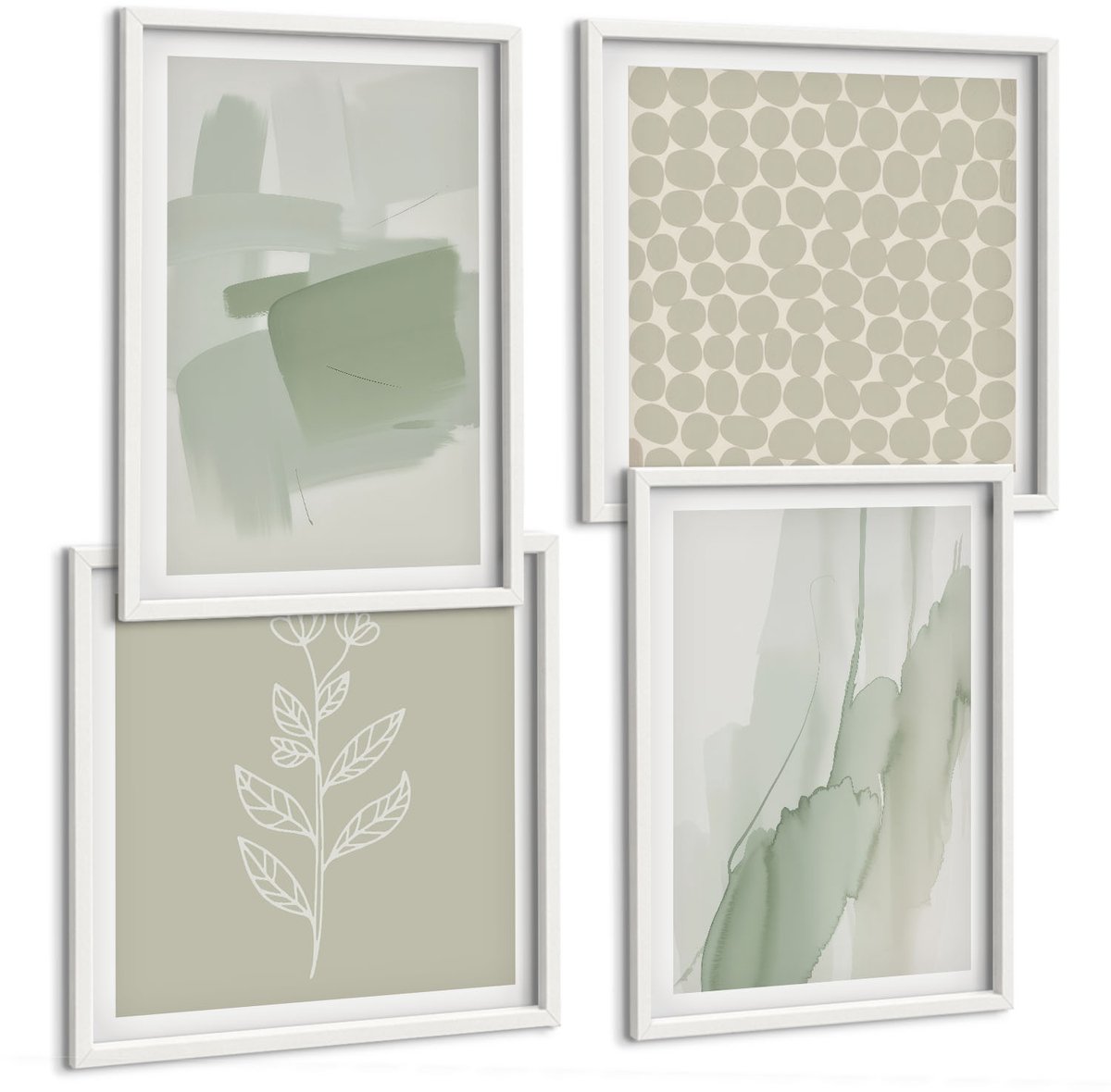Wallfluent 4-Delige Schilderij Set - Abstracte Aquarelpatronen, Planten, Minimalisme - 40 x 40 En 40 x 60 - Wanddecoratie - Schilderijen Set - Interieur - Interieur Decoratie