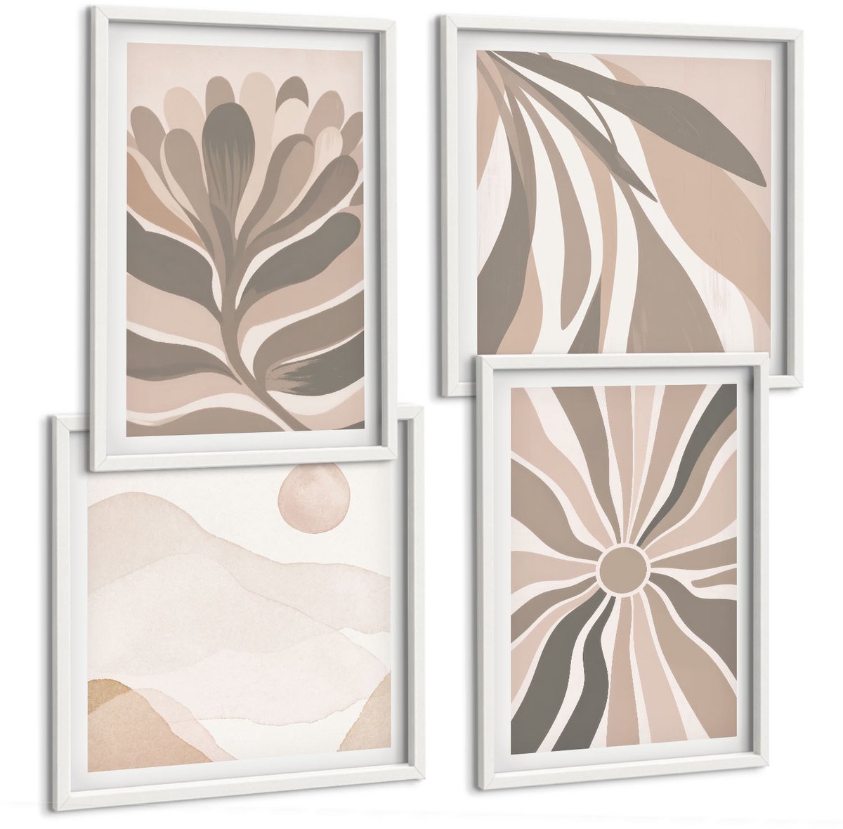 Wallfluent 4-Delige Schilderij Set - Abstracte Plantenpatronen In Een Berglandschap - 40 x 40 En 40 x 60 - Wanddecoratie - Muurdecoratie - Moderne Interieurdecoratie
