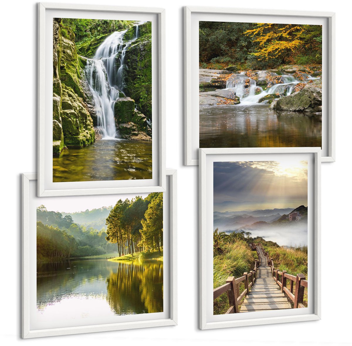 Wallfluent 4-Delige Schilderij Set - Watervallen, Bergen, Wolkenpaden En Herfstgezichten - 40 x 40 En 40 x 60 - Wanddecoratie - Muurdecoratie - Moderne Interieurdecoratie - Decoratieve Schilderijen