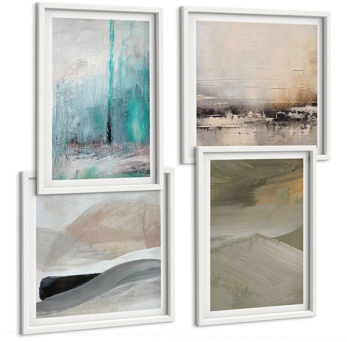 Wallfluent 4-Delige Schilderij Set - Geschilderde Abstracte Minimalistische Decoraties - 40 x 40 En 40 x 60 - Muurdecoratie - Schilderijen Set - Woonkamer - Wanddecoratie