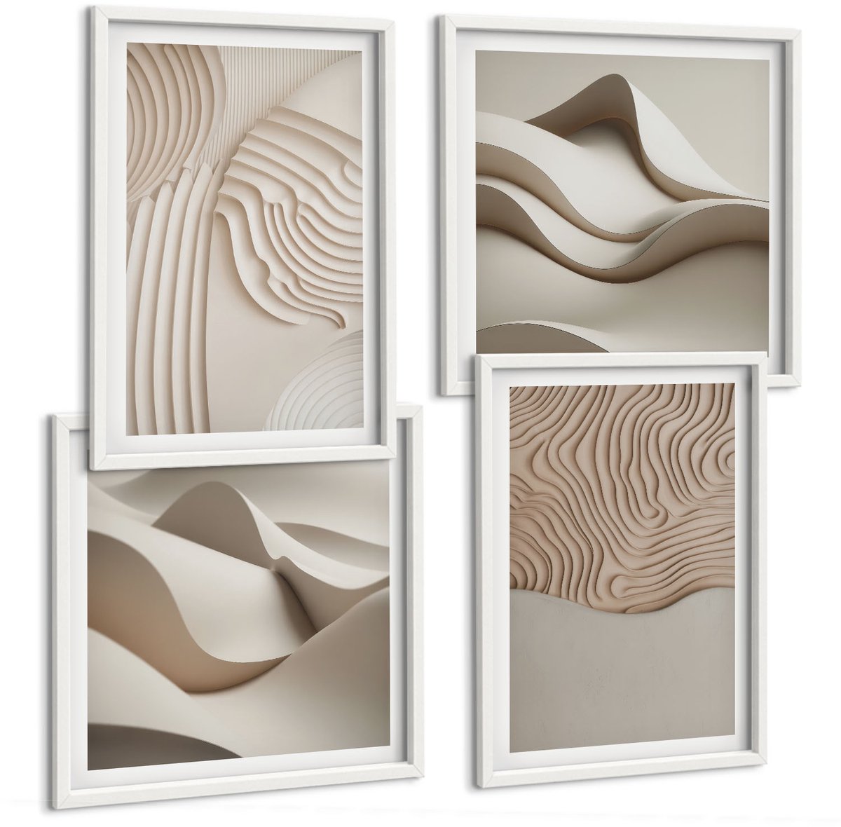 Wallfluent 4-Delige Schilderij Set - Abstracte Textuurpatronen: Golven Op Zand - 40 x 40 En 40 x 60 - Stijlvolle Wanddecoratie - Interieur - Decoratieve Schilderijen